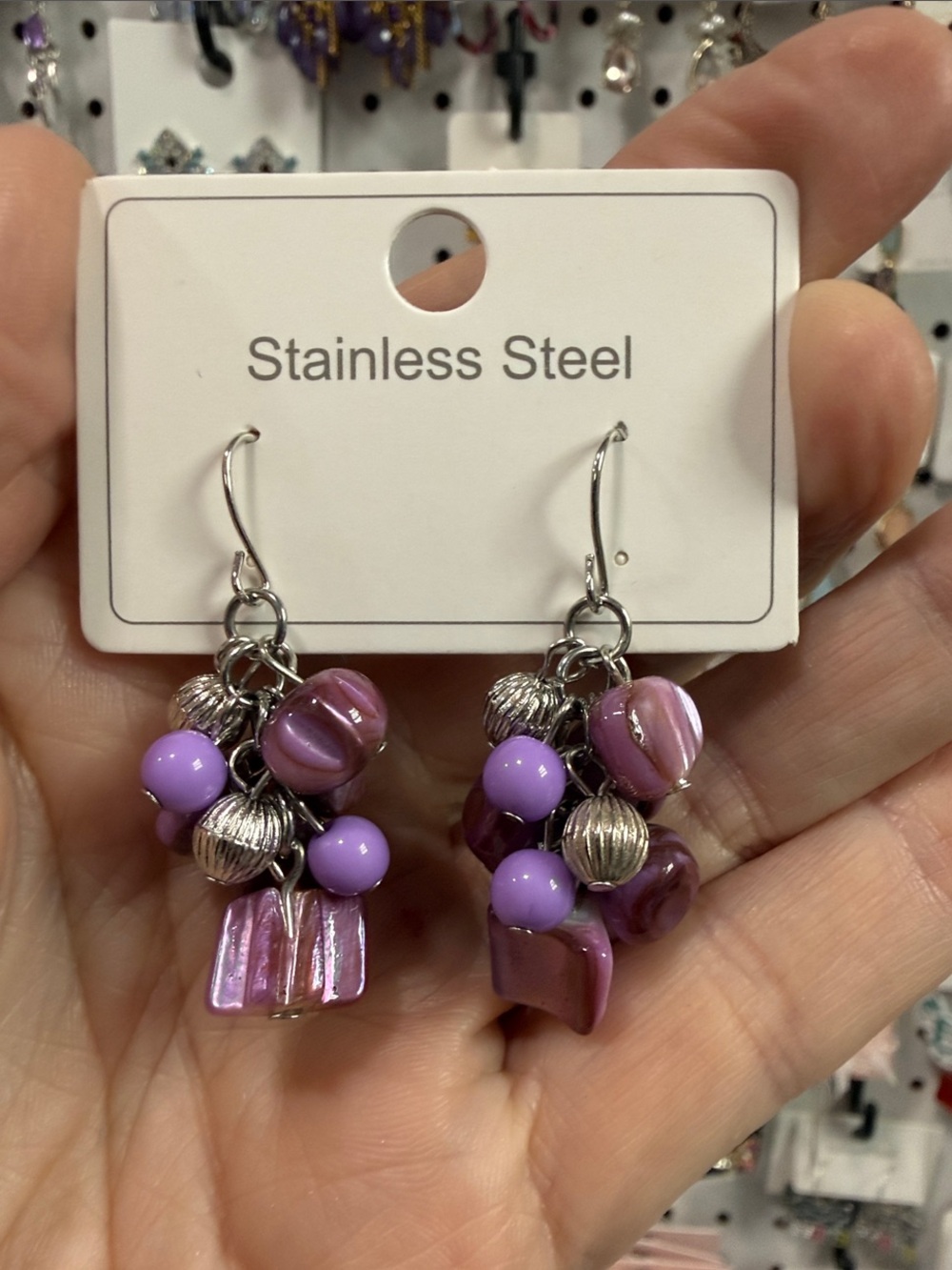 Stainless Steel Purple Cluster Drop Earrings
